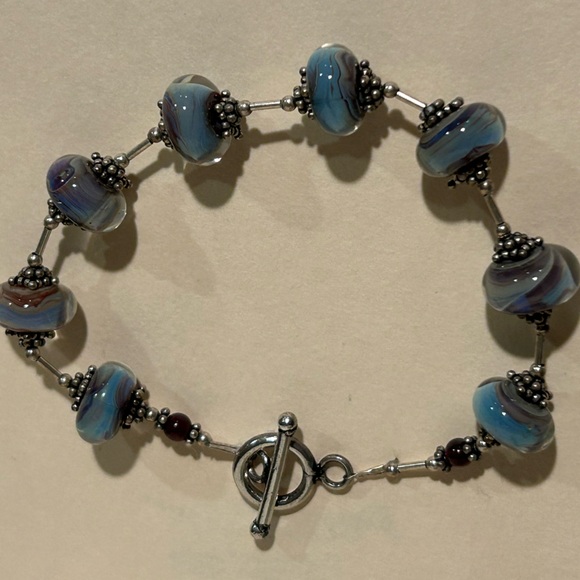 Blue and Silver Lampwork Glass Bracelet with Toggle Clasp - Picture 4 of 9